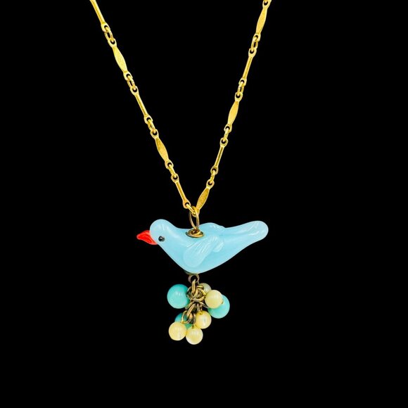 Vintage Lenora Dame Art Glass Blue Bird Sitting on Eggs Pendant Necklace Gold To - Picture 4 of 16